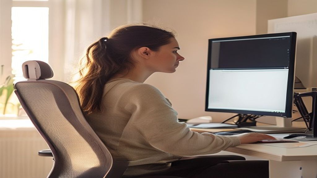 Detaljerad illustration av ergonomisk körning vid skrivbord med korrekt placering av stol, skrivbord och monitor